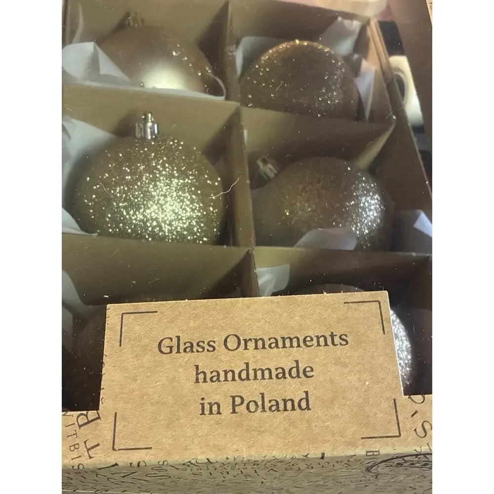 Vitbis Poland Glass Christmas Ornaments Set/6 Gold Glitter Handmade